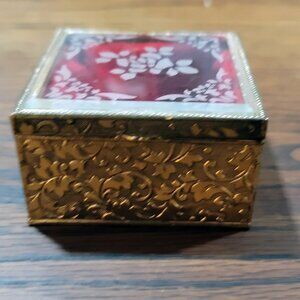 Brass Jewelry Box Velvet Lined with Decorative Glass Top